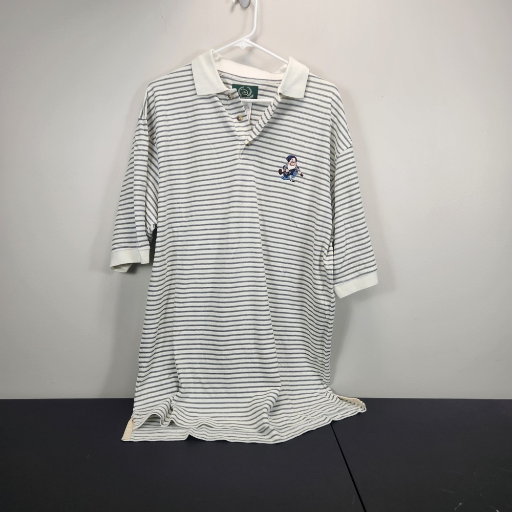 Disney Golf Collection Men Large Grumpy Snow White Striped Polo Shirt White Blue